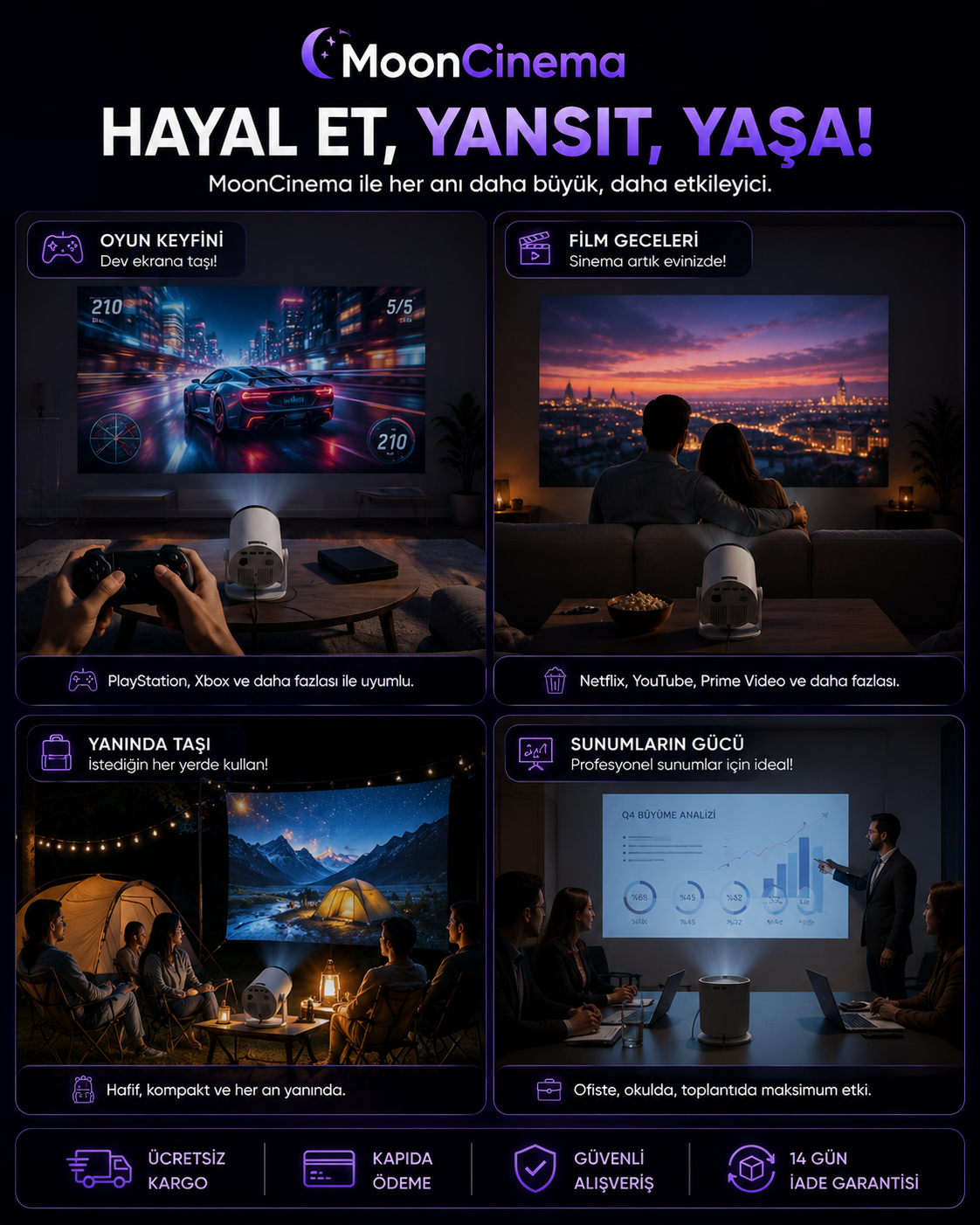 MoonCinema™ 4K Ultra HD Akıllı Mini Projeksiyon