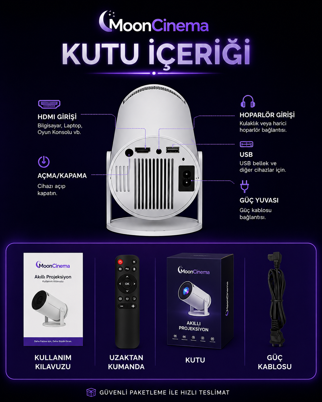 MoonCinema™ 4K Ultra HD Akıllı Mini Projeksiyon